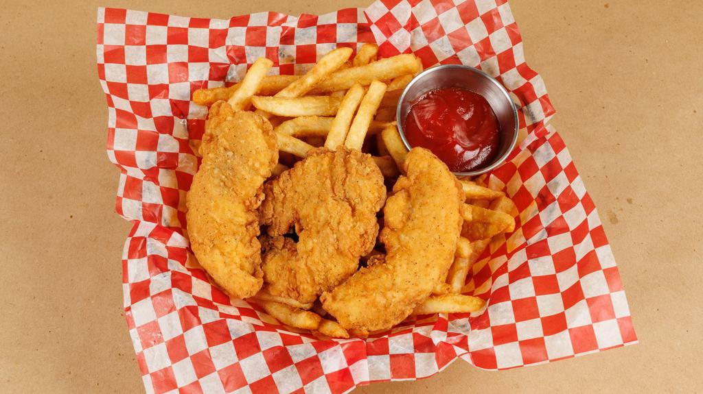 Chicken Tenders · 4 pieces of southern fried chicken tenders with fries
