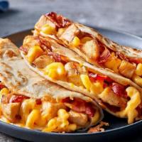 Chicken, Bacon, Mac & Cheese Quesadillas · Meat and cheese and meat and cheese. Roasted pulled chicken, chopped smoky bacon and gooey m...