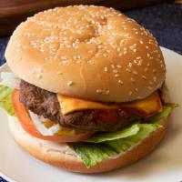Cheese Burger · Ground beef, lettuce, tomato, onion, pickle, ketchup, mustard, mayonnaise, and cheese.