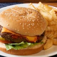 Cheese Burger With Fries · Ground beef, lettuce, tomato, onion, pickle, ketchup, mustard, mayonnaise, and cheese.