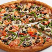 Veggie · Roasted mushrooms, spinach, red onions, green and red peppers, black olives, sliced Roma tom...