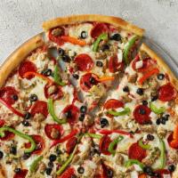 Supremo · 100% whole milk mozz, Pepperoni, Italian sausage, spinach, mushrooms, green and red peppers,...