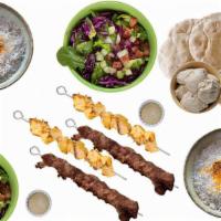 Family Meal Kabobs Option 1 (Half Chicken/ Half Sirloin Kabobs) · includes: 2 Skewer of Chicken Kabobs, 2 Skewer of Sirloin Kabobs, 2 Large Servings of Basmat...