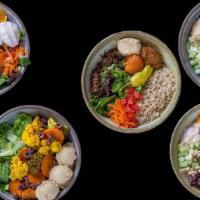 Vegan Bowl By Rice · 1/2 Basmati Rice, 1/2 Mesclun Greens, Sriracha Tomato Hummus, Charred Carrot Tahini, Hummus,...
