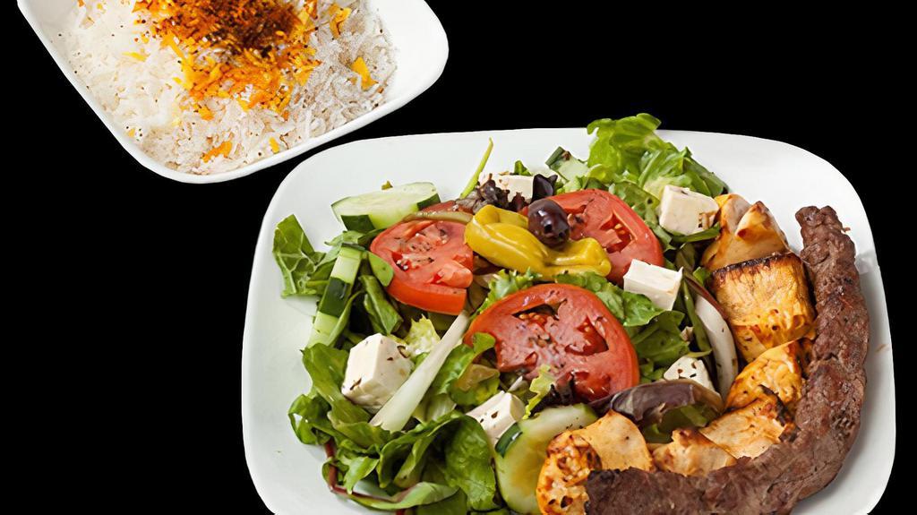Combo I Platter · One skewer of charbroiled seasoned, ground sirloin (Kubideh), and one skewer of charbroiled chicken breast chunks (Joojeh). Served with Greek Salad and Basmati Rice.