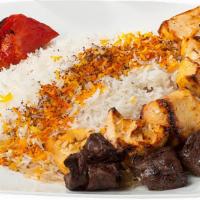 Combo Iii Rice · One skewer of charbroiled chicken breast chunks (Joojeh) and one skewer of charbroiled tende...