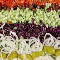 Greek Salad Medium (Serves 12) · Greek Salad (lettuce, tomato, onion, cucumber, feta cheese, red cabbage, Kalamata olives, pe...