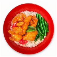 Pao Pao - Rice Bowl · wok-fried and tossed in our signature spicy cream glaze, green + red bell pepper, side of st...