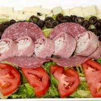 Antipasto Salad · Beef and pork. Ham, turkey, salami, provolone cheese, mix green, black olives, tomato, and o...