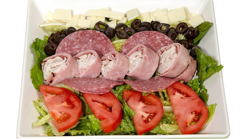 Antipasto Salad · Beef and pork. Ham, turkey, salami, provolone cheese, mix green, black olives, tomato, and onions.
