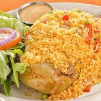 Arroz Con Pollo · A quarter of chicken, marinated in exotic spices and slowly simmered. Served with seasoned y...