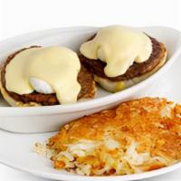 Impossible Bendict · A toasted English muffin topped with Impossible� sausage patties made from plants, 2 poached...
