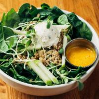 Power House Salad · Mixed greens, farm egg, broccoli, tomato, radish, sunflower sprouts, organic almonds.