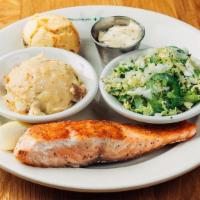Salmon Filet · Salmon filet served with Dill sauce & Choice of 2 sides