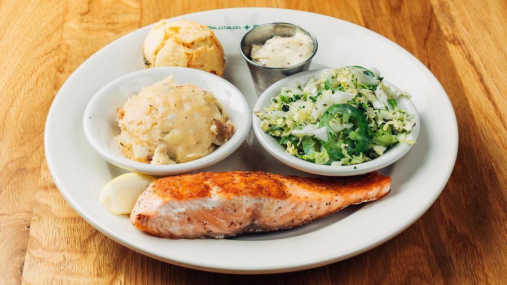 Salmon Filet · Salmon filet served with Dill sauce & Choice of 2 sides