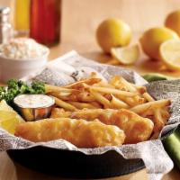 Fish & Chips · Beer battered cod fillets served with tartar sauce, coleslaw, steak fries, lemon and malt vi...