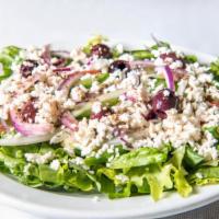 Small Greek Salad (No Meat) · Fresh lettuce, tomatoes, olives, onions, green peppers, cucumber, Feta cheese, and home made...