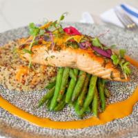 Pan Seared Salmon* With Fine Herbs · Quinoa & Sweet Potato Hash, Garlic Sautéed Green Beans, Fire Roasted Tomato Vinaigrette.