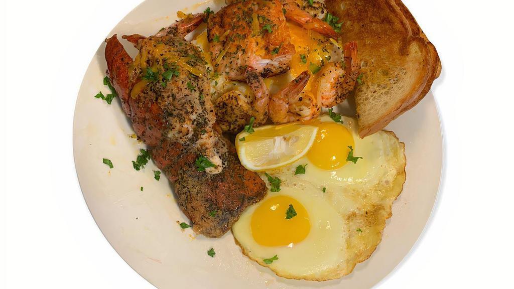 Seafood Trio · Your choice of 3 seafoods. Lobster, Salmon, Shrimp or a Crab Cake served with served with grits, hash browns or home fries with 2 eggs cooked your way and toast