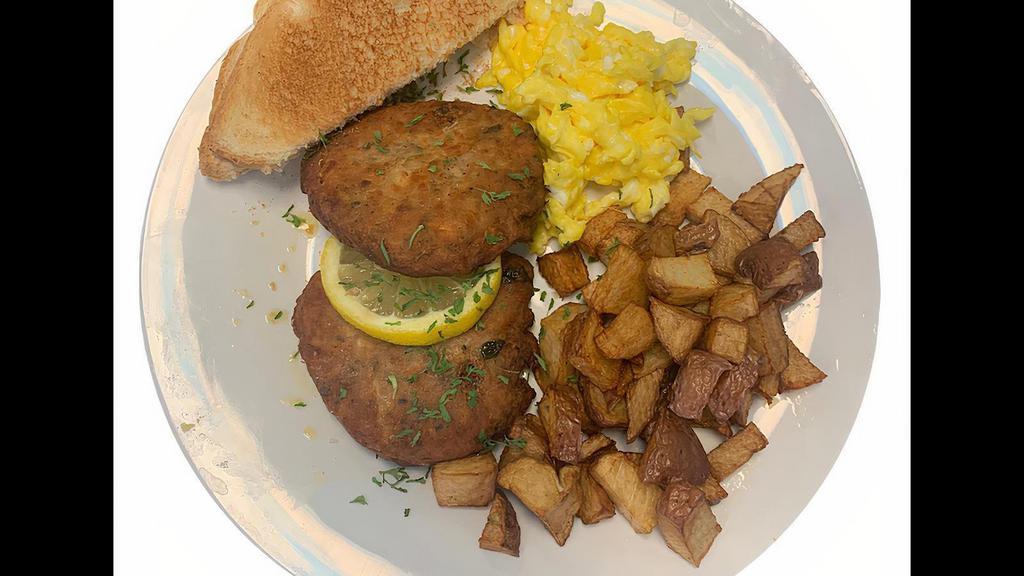 Salmon Croquettes · 2 Salmon Croquettes served with grits, hash browns or home fries with 2 eggs cooked your way and toast