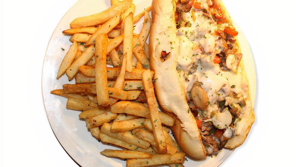 Philly Cheesesteak Sandwich · Grilled sirloin steak, onions, green peppers, red peppers, mushrooms and jalapeno peppers topped with melted provolone cheese on hoagie roll with fries