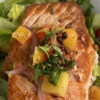 *Pan Roasted Salmon Salad · Slowly cooked Ora King salmon filet cooked medium, chopped romaine hearts, avocado, mango, c...