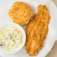 Fillet Catfish · Breaded & fried with a side of coleslaw and biscuit.
