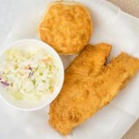 Fillet Tilapia · Breaded & fried with a side of coleslaw and biscuit.