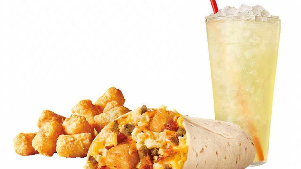 Ultimate Meat & Cheese Breakfast Burrito™ Combo · Breakfast doesn't get better than the all-new Ultimate Meat & Cheese Breakfast Burrito™ with crispy bacon, savory sausage, golden tots, fluffy scrambled eggs and melty cheddar cheese, all wrapped in a warm flour tortilla. Even better with a Side and Drink included!