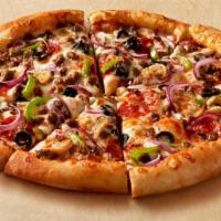 Supreme Max · Pepperoni, ham, beef pork sausage, black olives, mushrooms, onions, and green peppers and mo...