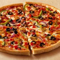 Veggie Max · Onions, black olives, green peppers, mushrooms, mozzarella and cheddar cheese.