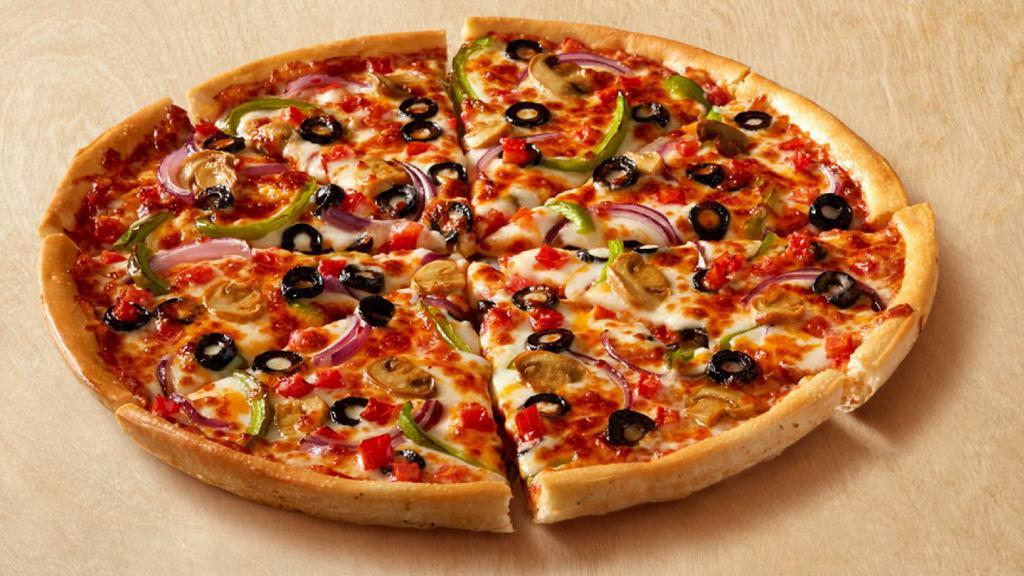 Veggie Mix® · Onions, black olives, green bell peppers, tomatoes, mushrooms, cheddar, and mozzarella cheese. 350 cal. per slice.