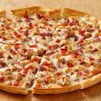 Bacon Chicken Ranch (Large Stuffed Crust) · Bacon, diced chicken, ranch dressing, tomatoes, mozzarella cheese. 220-420 calories per slice.