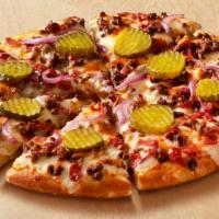 Bbq Chicken (Large) · Seasoned chicken, onions, BBQ sauce, mozzarella, and cheddar cheese.
