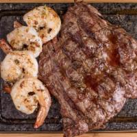 Mar Y Tierra Steak · 12 oz. flap meat marinated and combined at the grill with shrimps.