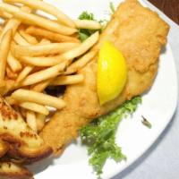 Fish And Chips · Cod fillets fried to a golden brown and served with tarter sauce, fries and coleslaw.