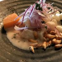 Fish Ceviche · Whitefish fillets diced cut, marinated in fresh lime juice and seasoned with aji-limo, onion...