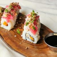 Acevichado Roll · Tuna roll avocado, shrimp tempura, and topped with acevichado sauce (mayonnaise and leche de...