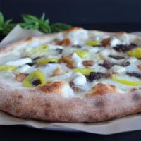 The Foozo Pizza · Fresh mozzarella, ricotta cheese, pesto sauce, sundried tomatoes, black olives, and red onio...