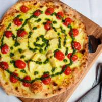 Pizza Artichoke Pesto · MOZZARELLA, ARTICHOKE, CHERRY TOMATO, PESTO