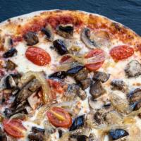 Pizza Veggie Master · Vegetarian. TOMATO SAUCE, MOZZARELLA, EGGPLANTS, MUSHROOMS, SAUTEED
ONIONS, CHERRY TOMATOES