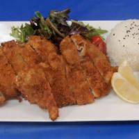Chicken Katsu · Panko breaded fried chicken cutlet served with Mixed Green Salad and Rice