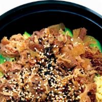 Beef Bowl · Rice with Beef, Sweet Onion, Avocado.