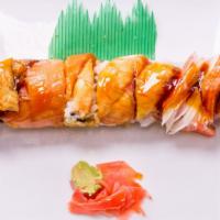 Sr25. Lion King Roll · Tempura krab and avocado inside with steamed shrimp, eel, krab, smoked salmon and eel sauce ...