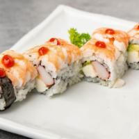 Long Beach Roll · Krab, cream cheese, avocado and crunchy bites inside, steamed shrimp and hot sauce on top.