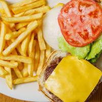 Cheeseburger · Served with lettuce tomato onion and french fries.