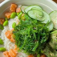 Salmon Poke Bowl · Ponzu sauce, cucumber, edamame, seaweed, and avocado.