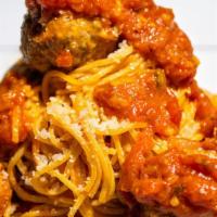 Meatballs Spaghetti · 4 beef meatballs, grandma's recipe, in a rich marinara sauce.