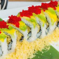 Magic Moon Roll · Inside out with shrimp tempura, avocado, asparagus, cucumber, cream cheese, spicy mayo, topp...