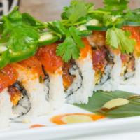 Spicy Lover Roll · Spicy tuna, cucumber, tempura flakes roll, topped with spicy tuna, jalapeño cilantro, and sp...